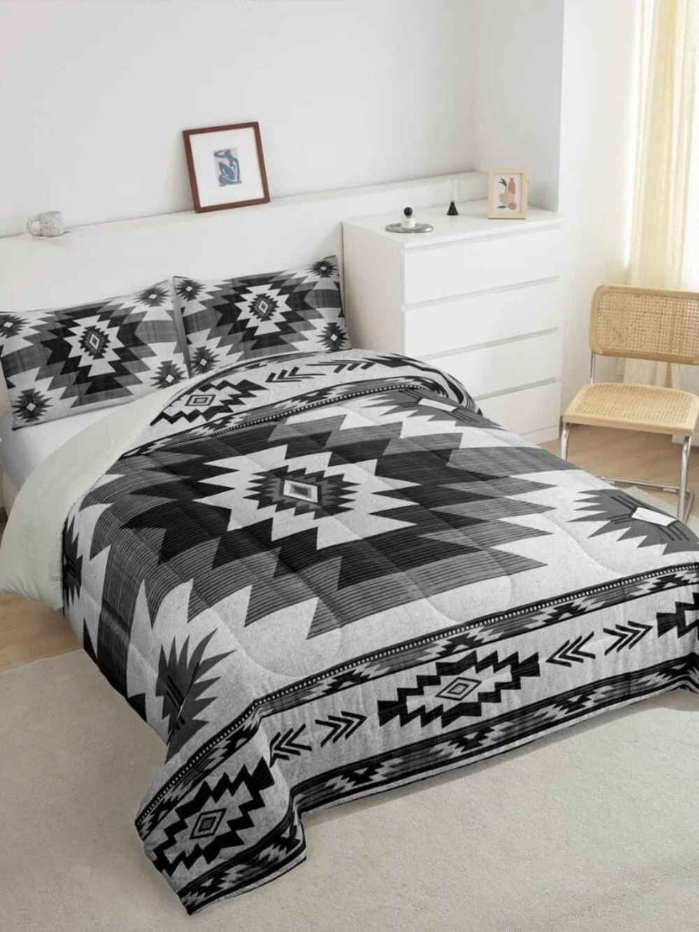 Gray Tribal Plaid Bedding Set,Southwestern Style Ethnic Grid Comforter Set for K